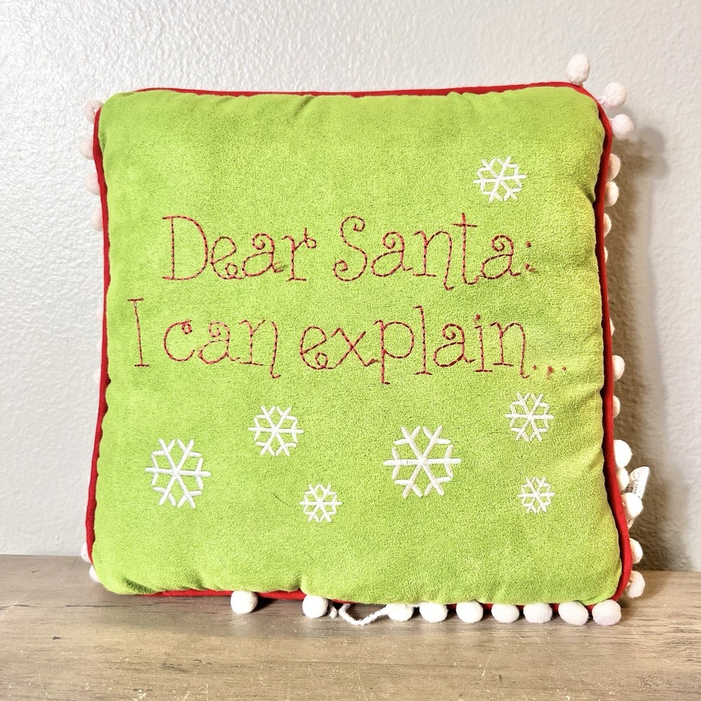 Vintage Christmas Dear Santa I Can Explain Pillow‎ Green Red Pom Pom 10x10 *FLAW